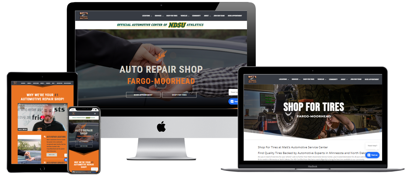 Responsive mockups of Matt’s Automotive website on desktop, laptop, tablet, and phone showing UX updates and tire-shopping access.